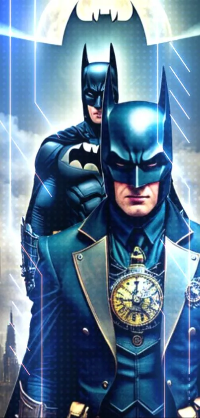 Batman digital art wallpaper with futuristic elements in dark blue tones.