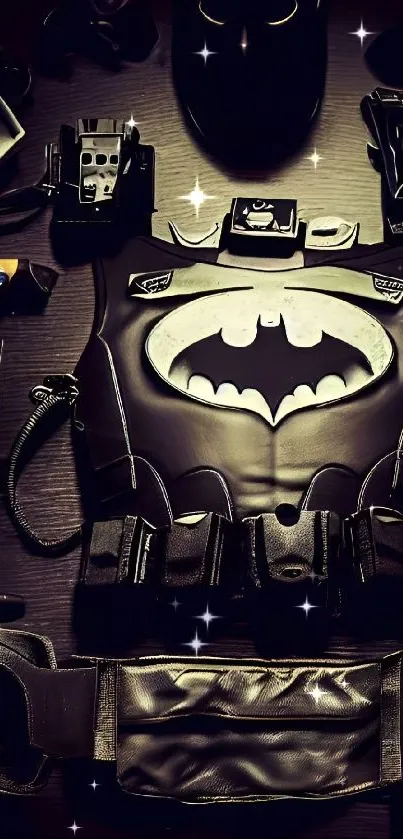 Batman-themed flat lay of hero gadgets with iconic logo armor.