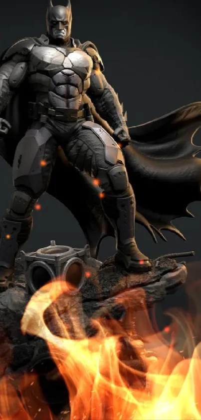 Batman stands heroically on a detailed base, with a dark gray theme.