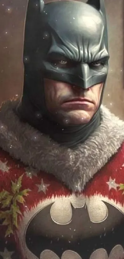 Batman in a festive holiday sweater with a Christmas theme, perfect for mobile wallpaper.