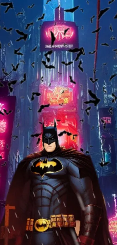 Batman stands among neon lights in a futuristic city, surrounded by flying bats.