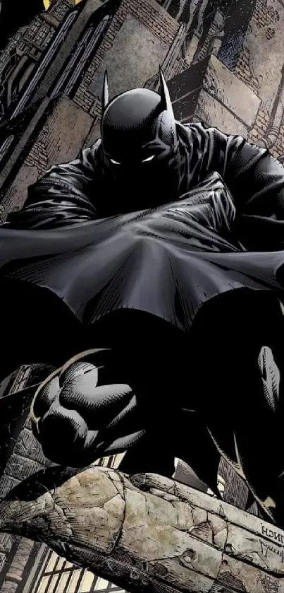 Batman perched in a dark gothic city environment.