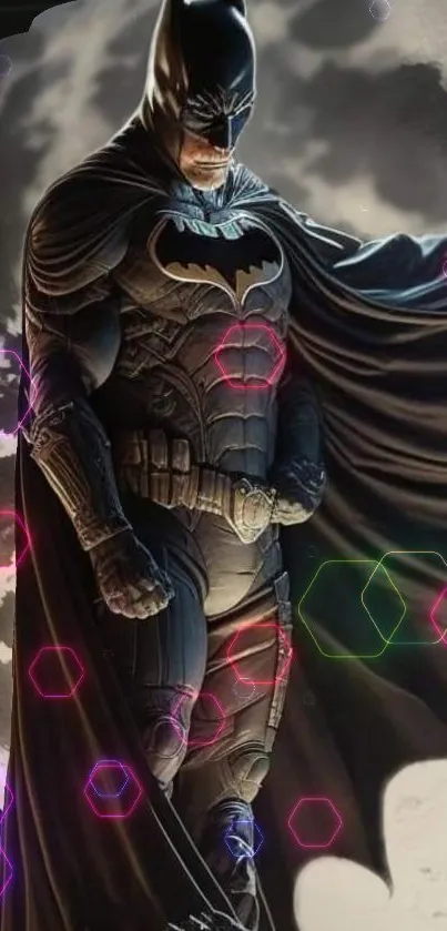 Batman stands heroically under a starry sky.