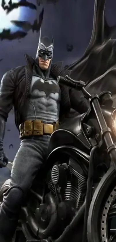 Batman riding motorcycle in dark, cinematic wallpaper.