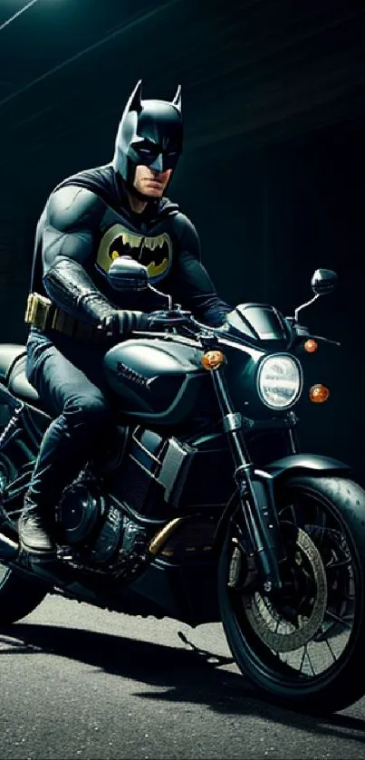 Batman rides a motorcycle in dark atmospheric setting.