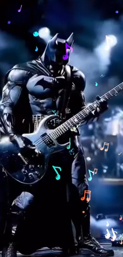 Batman playing electric guitar in a rock concert with music notes.