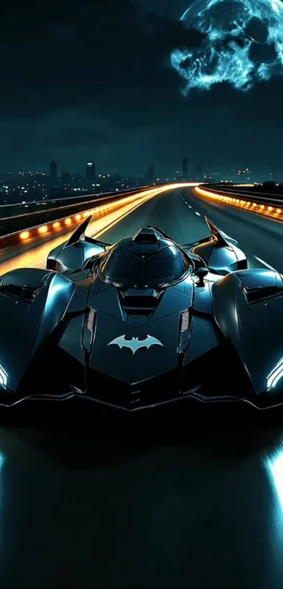 Batmobile speeding on a moonlit highway.