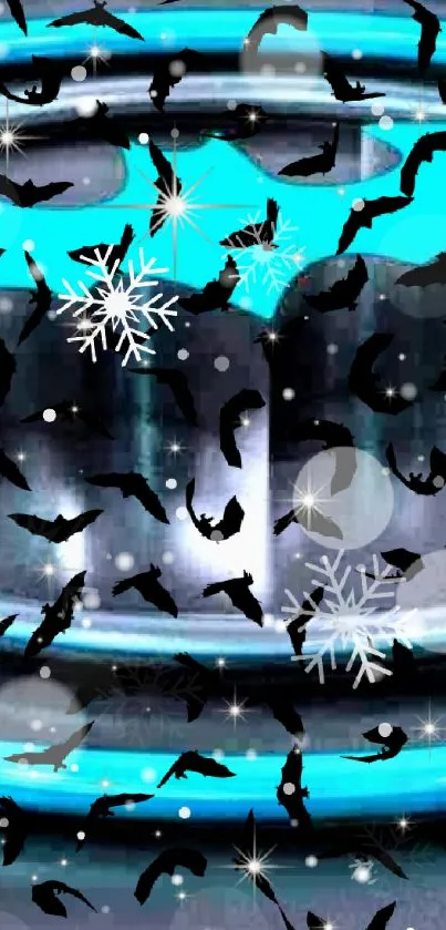 Mobile wallpaper with teal background, bats, and snowflakes.