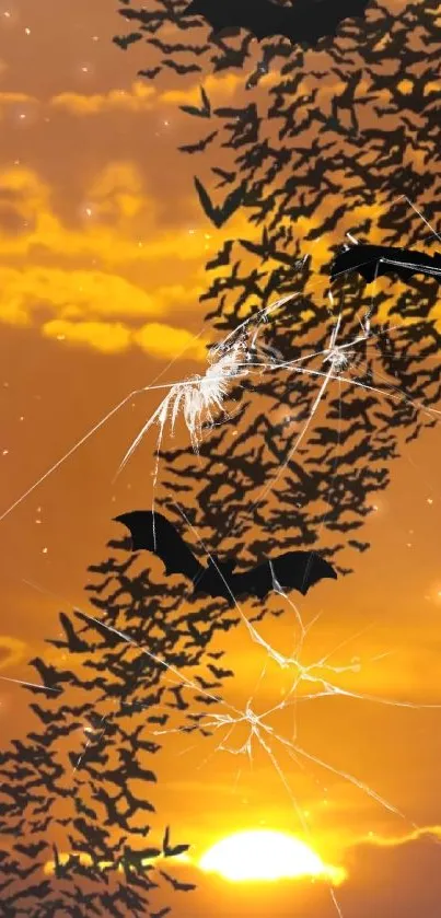 Bats flying across a vivid orange sunset sky, creating a striking silhouette effect.