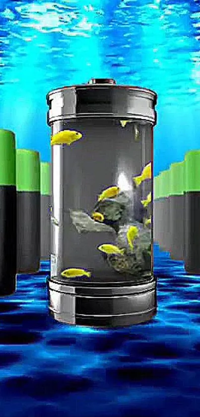 Creative wallpaper of battery with yellow fish in an ocean setting