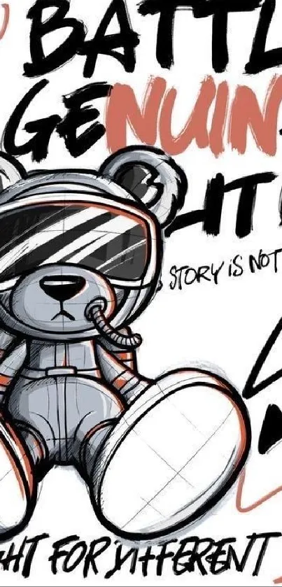 Graffiti-style teddy bear in combat suit, bold and unique design.