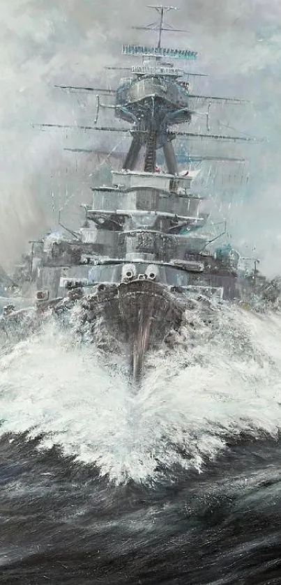 Battleship plowing through stormy ocean waves.