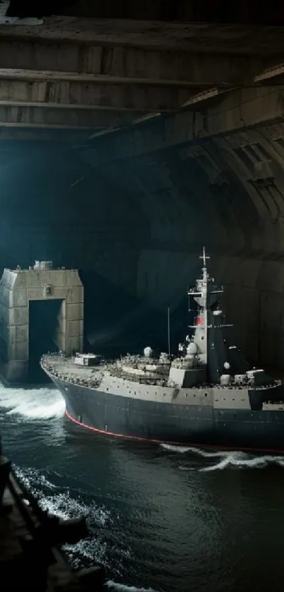 Battleship emerging from a dark tunnel with dramatic lighting.