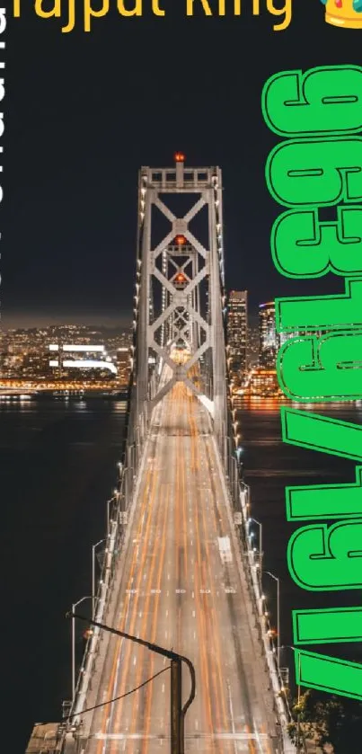 Bay Bridge illuminated at night with city lights in background.