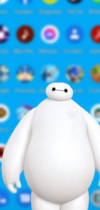 Baymax stands in front of a blue app icon background.