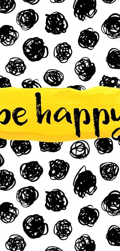 Be Happy wallpaper with black circles and yellow highlight on white.