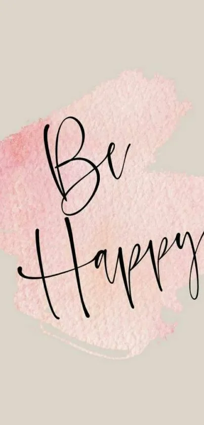 Be Happy wallpaper with light pink watercolor background.