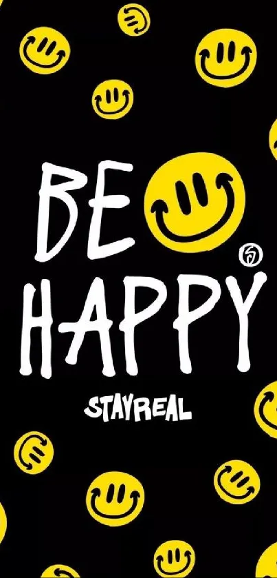 Be Happy yellow smiley wallpaper on black background for mobile.