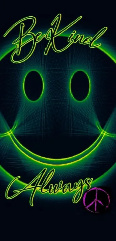 Neon green smiley face with 'Be Kind Always' text.