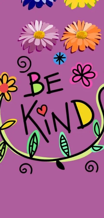 Vibrant 'Be Kind' floral mobile wallpaper on a purple background.