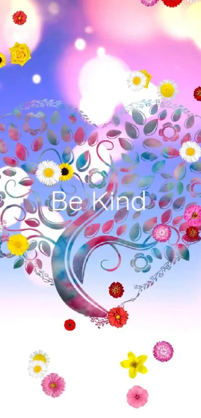 Heart-shaped design with 'Be Kind' text in pastel colors as phone wallpaper.