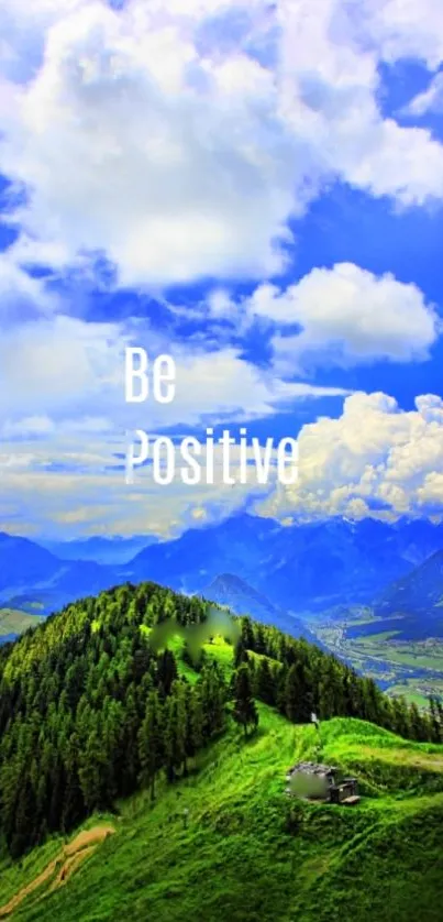 Be Positive text over lush green hills and blue sky wallpaper.