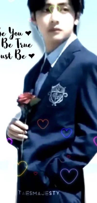 Man in blue suit holding a rose.