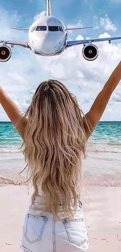 Blonde woman on beach with airplane overhead.