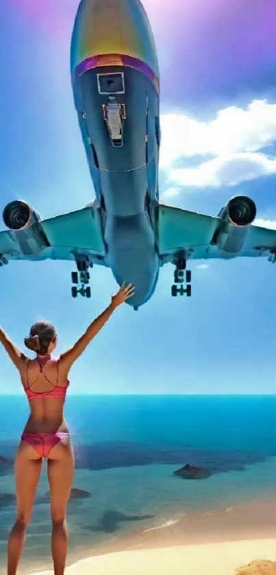 Woman enjoying vibrant beach airplane view.