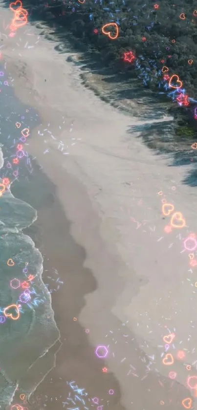 Aerial view of beach with heart overlays and ocean waves.