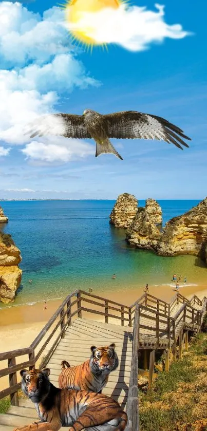 Eagle and tigers on scenic beach backdrop.