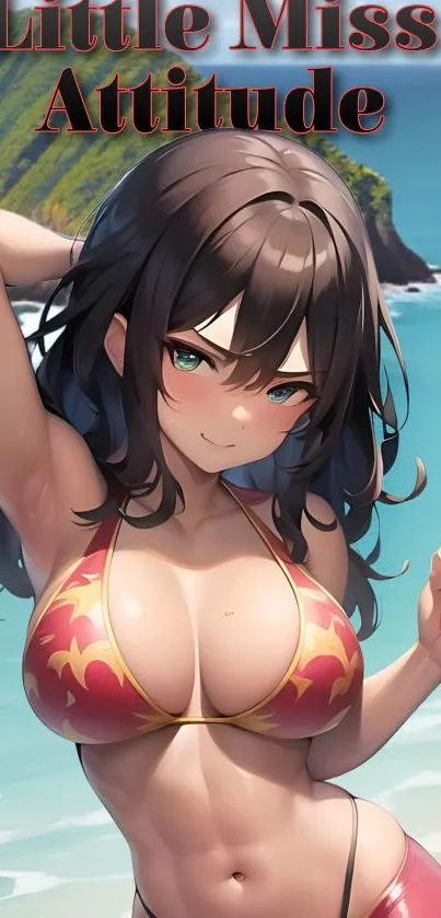 Anime girl in red bikini on a sunny beach with an ocean backdrop.