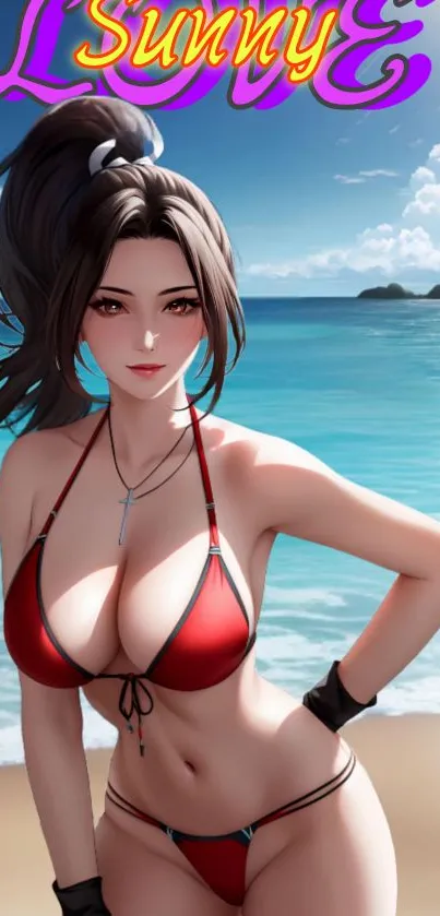 Anime girl in red bikini on a sunny beach with blue skies.