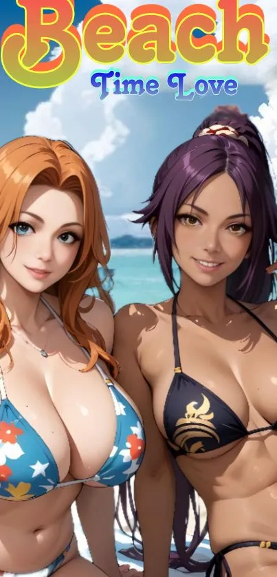 Anime beach scene with two characters in bikinis enjoying the seaside.