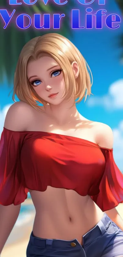 Anime girl at beach with bright sky background