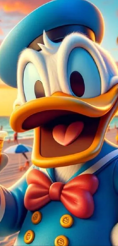 Cartoon character enjoying a drink on a sunny beach at sunset, vibrant colors.