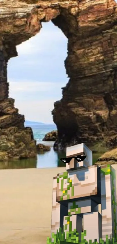 Pixelated character stands by beach cave.