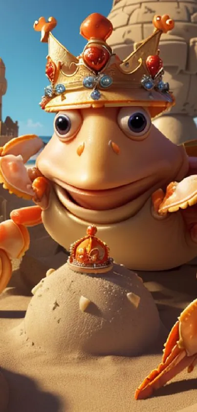 Whimsical crab with crown on sandy beach featuring sandcastles.