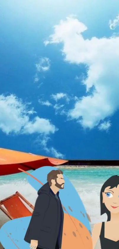 Animated beach scene with characters and umbrella under blue sky.