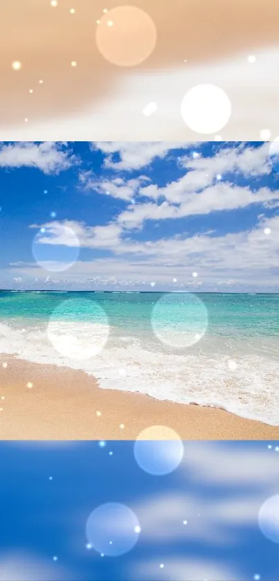 Tranquil beach scene with ocean waves and clear blue sky.