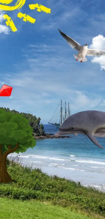 Fantasy beach scene with dolphin, seagull, kite, and boat under the sun.