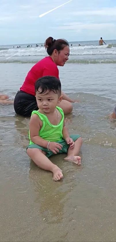 Kids enjoy a sunny day at the beach, splashing in the ocean waves.