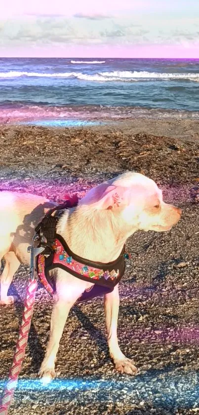 Enchanted beachside with neon glow and a cute dog.