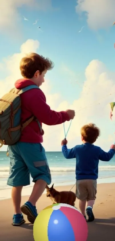 Two kids flying kites on a sunny beach with a colorful ball.