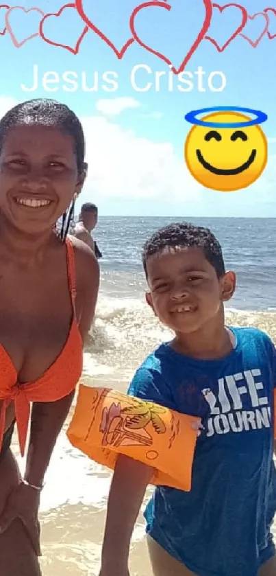 Family enjoying a sunny day at the beach with smiles and ocean waves.