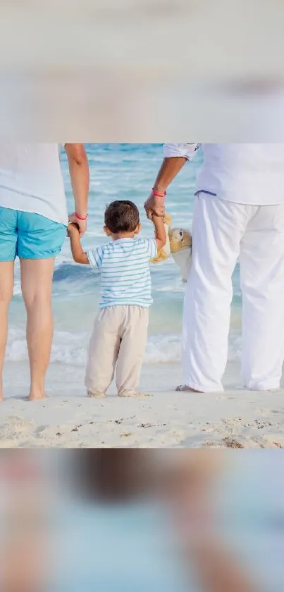 Family enjoying a serene beach moment together.