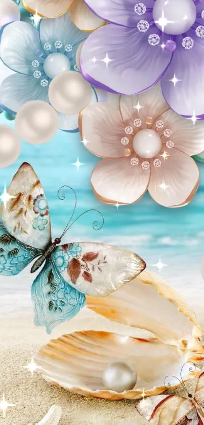 Fantasy beach scene with flowers, butterflies, and seashells.