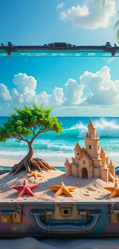 Whimsical beach scene inside a suitcase with sandcastle and starfish.