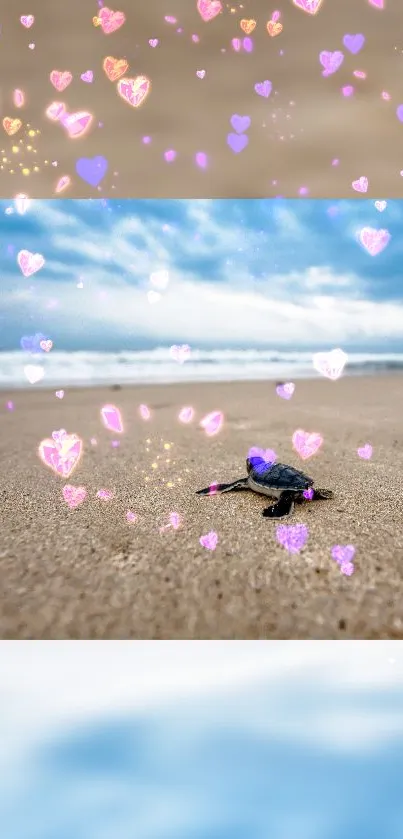 Fantasy turtle on beach with heart bokeh and cloudy sky.