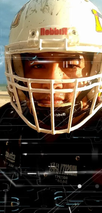 Football player with helmet on beach background.